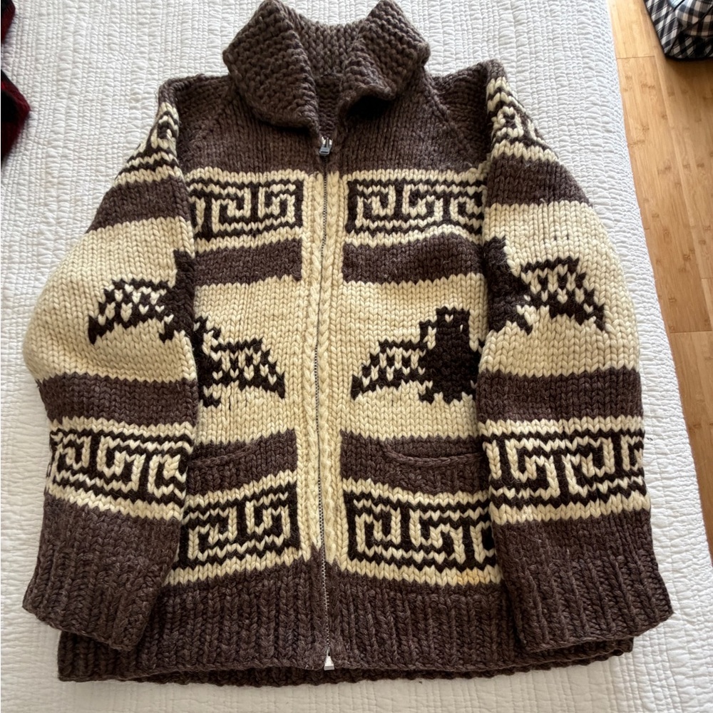 Vintage Cowichan Inspired Wool Sweater with Thunderbird Design